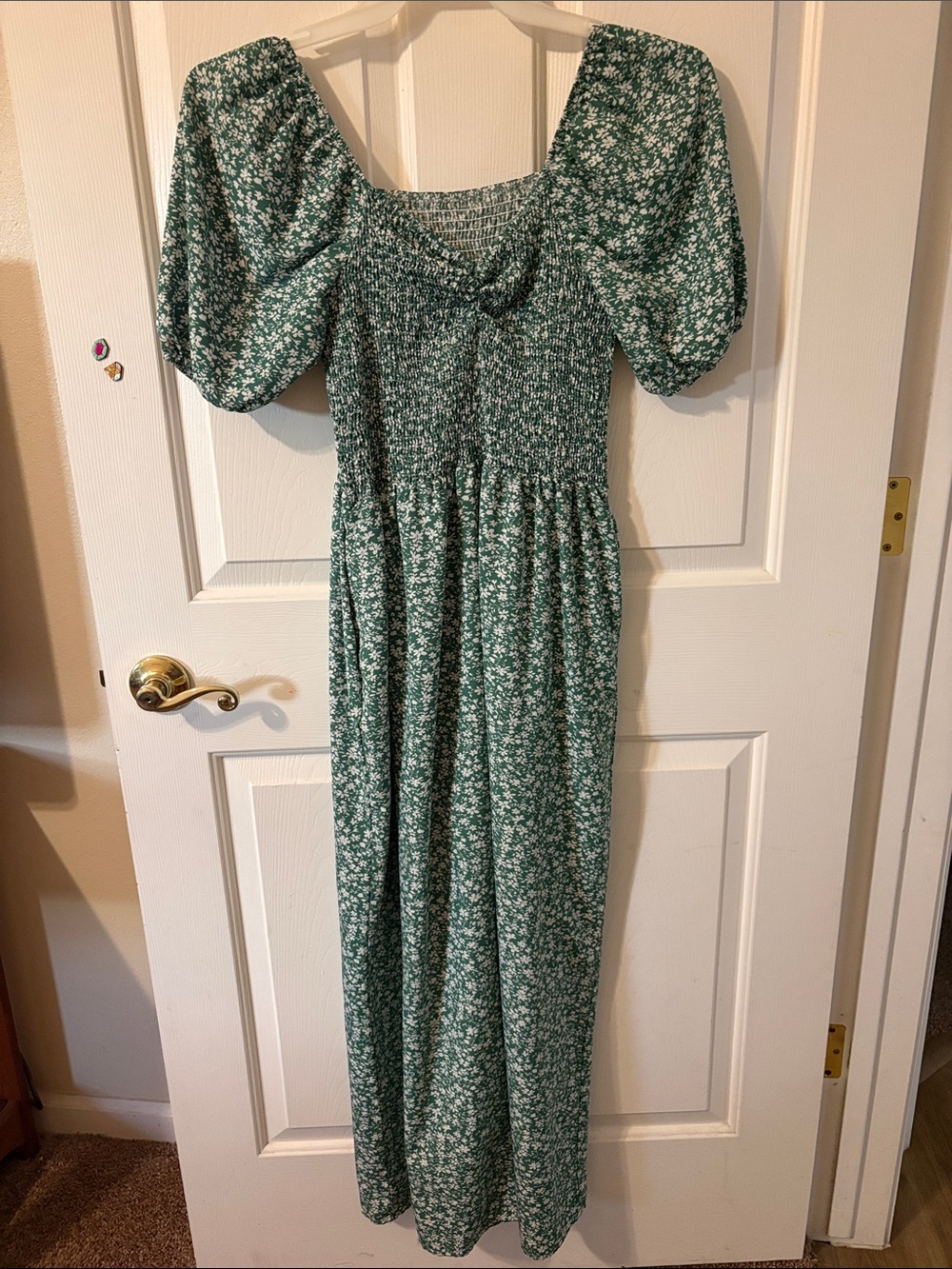 Smocked Square-Neck Green Floral Jumpsuit with pockets